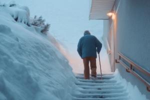 elderly man walking up snow covered stairs