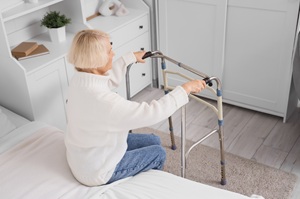 An image of a senior woman sitting on the edge of a bed preparing to stand with a walker in front of her