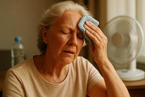 Elderly woman suffering from extreme heat and heatstroke symptoms cooling down with cloth and fan