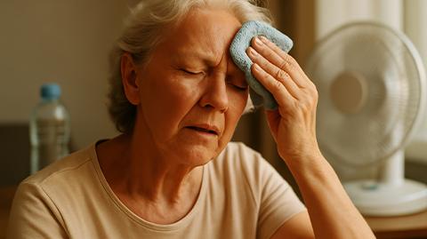 An old woman suffering from extreme heat and heatstroke symptoms cooling down with cloth and fan