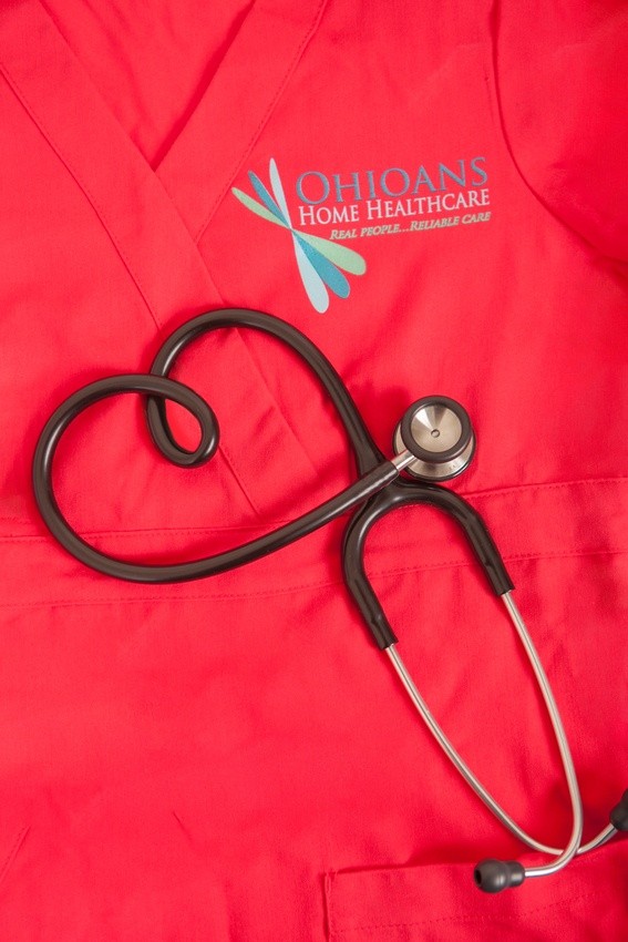 Red Ohioans Home Health Care nurse uniform and stethoscope.