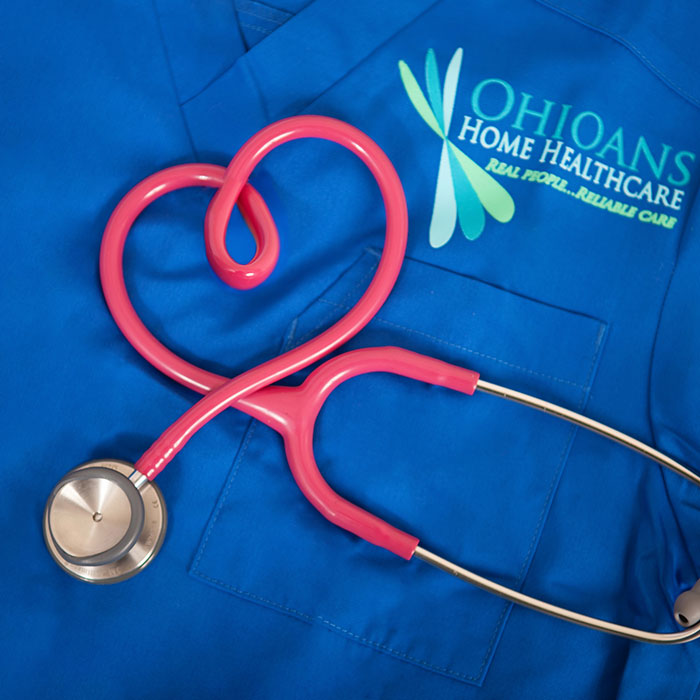 Blue Ohioans Home Health Care employee uniform and stethoscope.